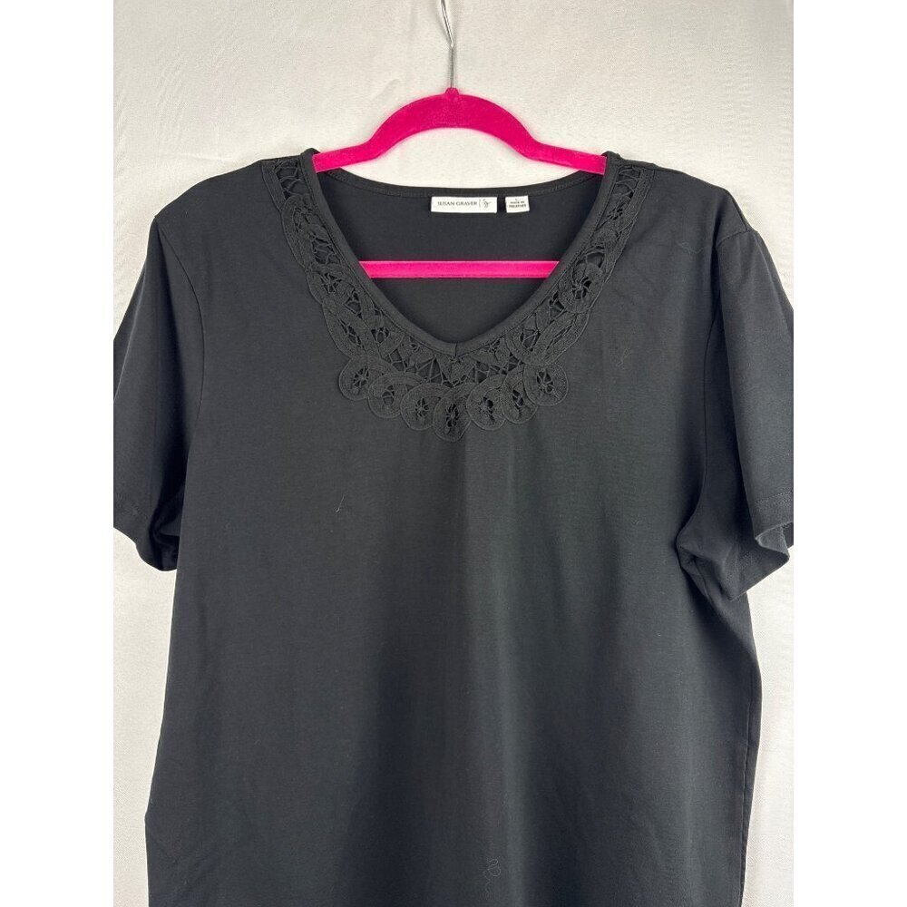 Susan Graver Black Lace Trim Cotton Blend T-Shirt L